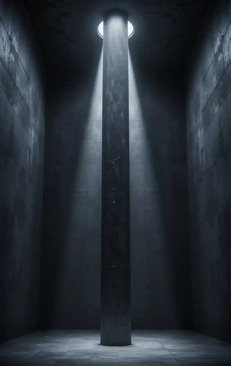 Towering concrete pillar under a single stark spotlight