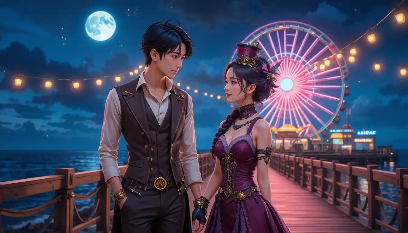 Anime couple in steampunk fashion at night carnival pier