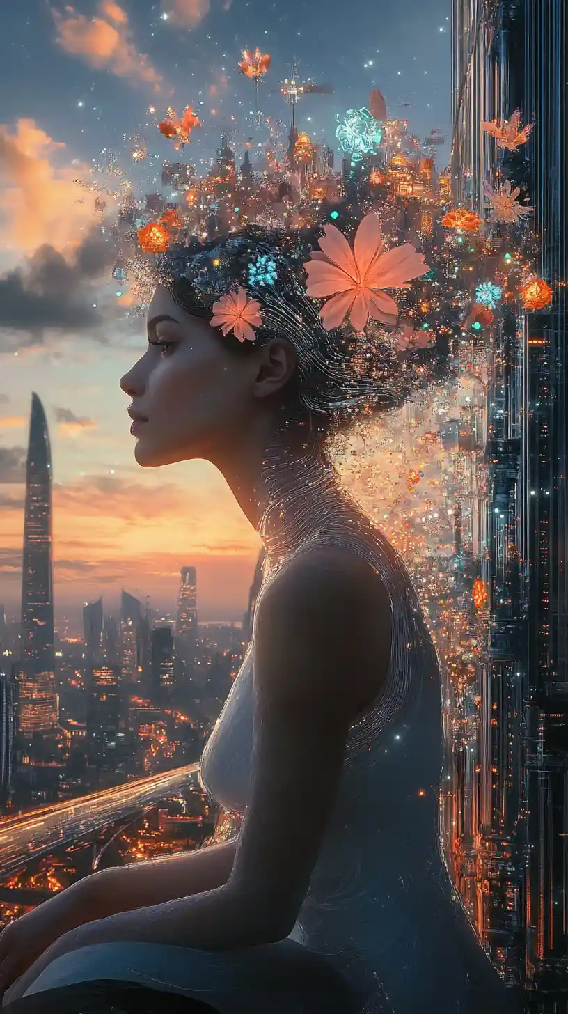 Mujer etérea fusionándose con un paisaje urbano surrealista y luminoso