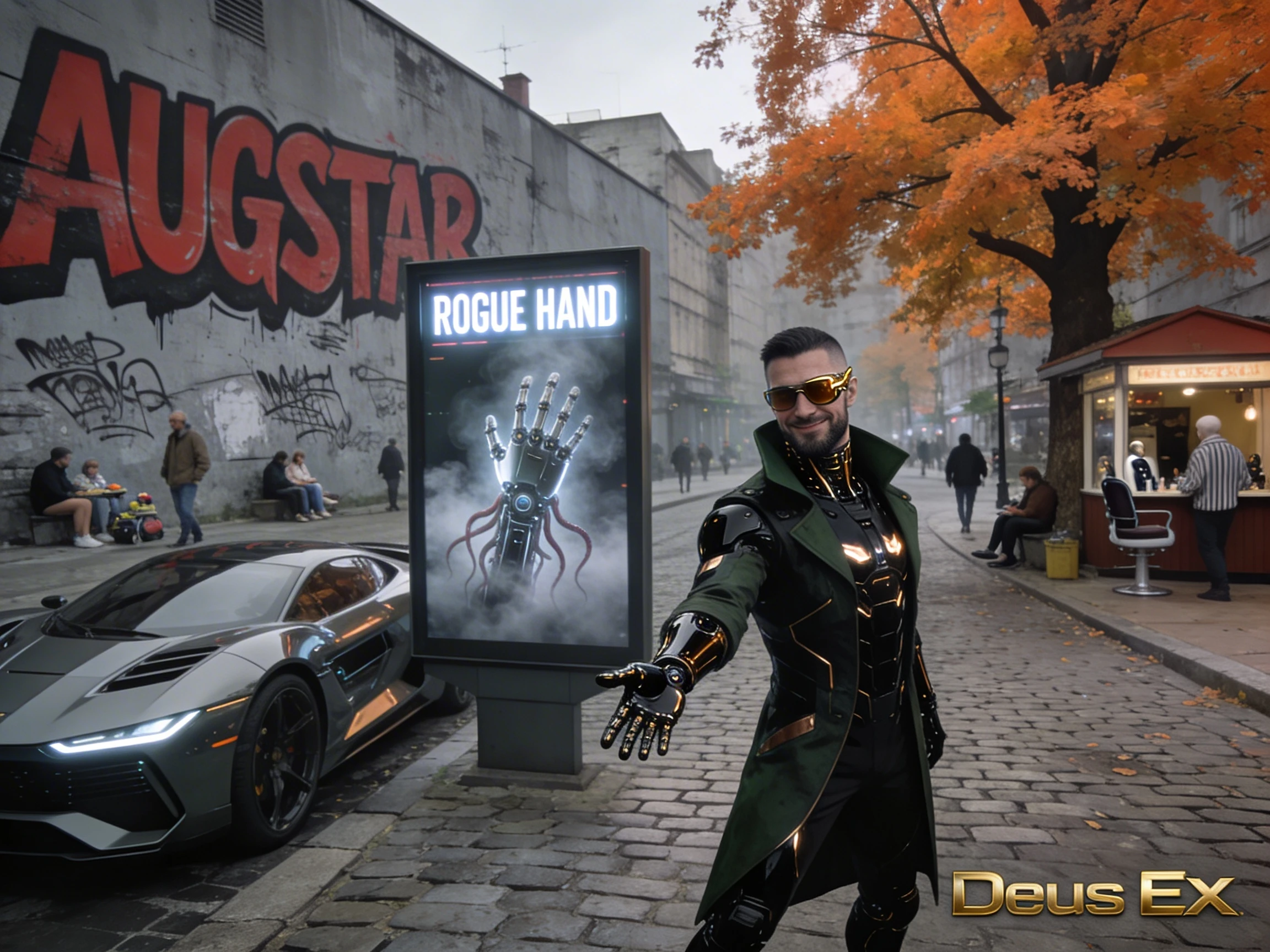Augmented detective posing on a futuristic cobblestone street