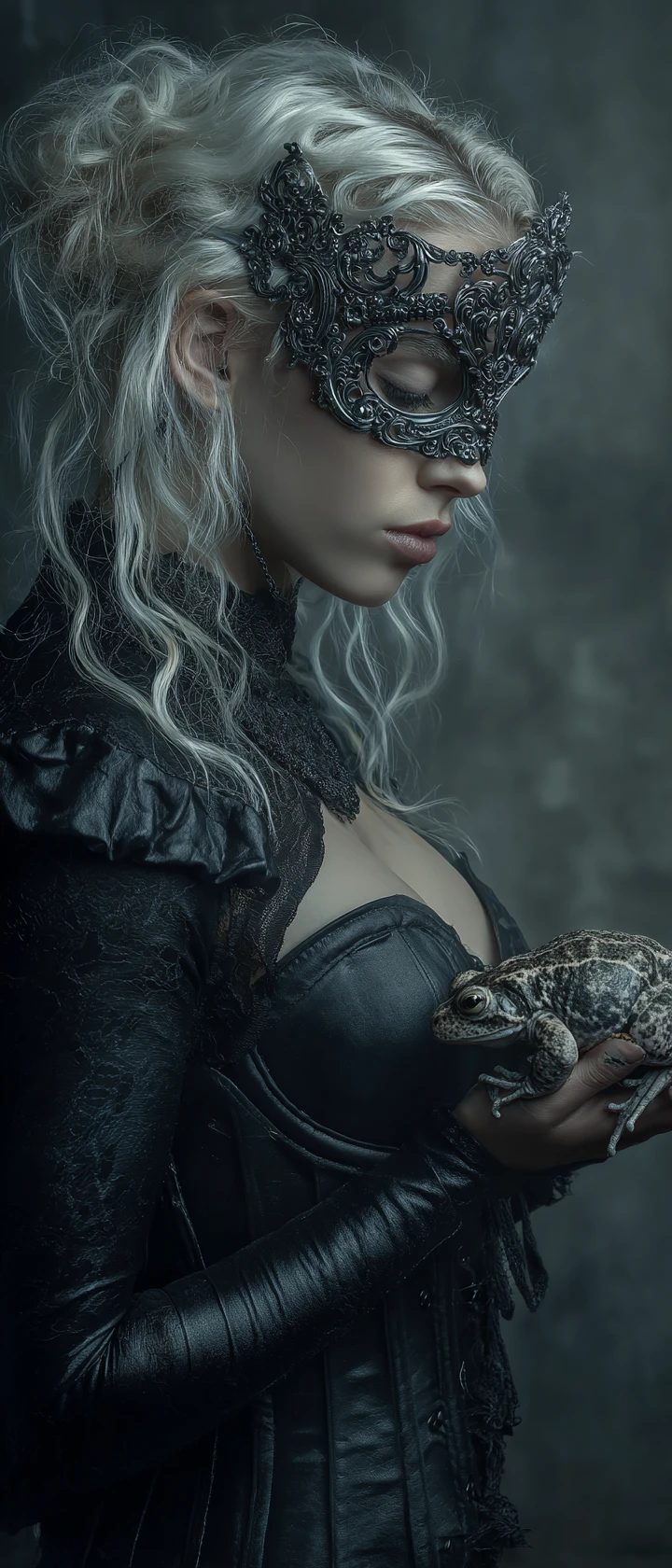 Dark fantasy maiden with mask and mechanical toad