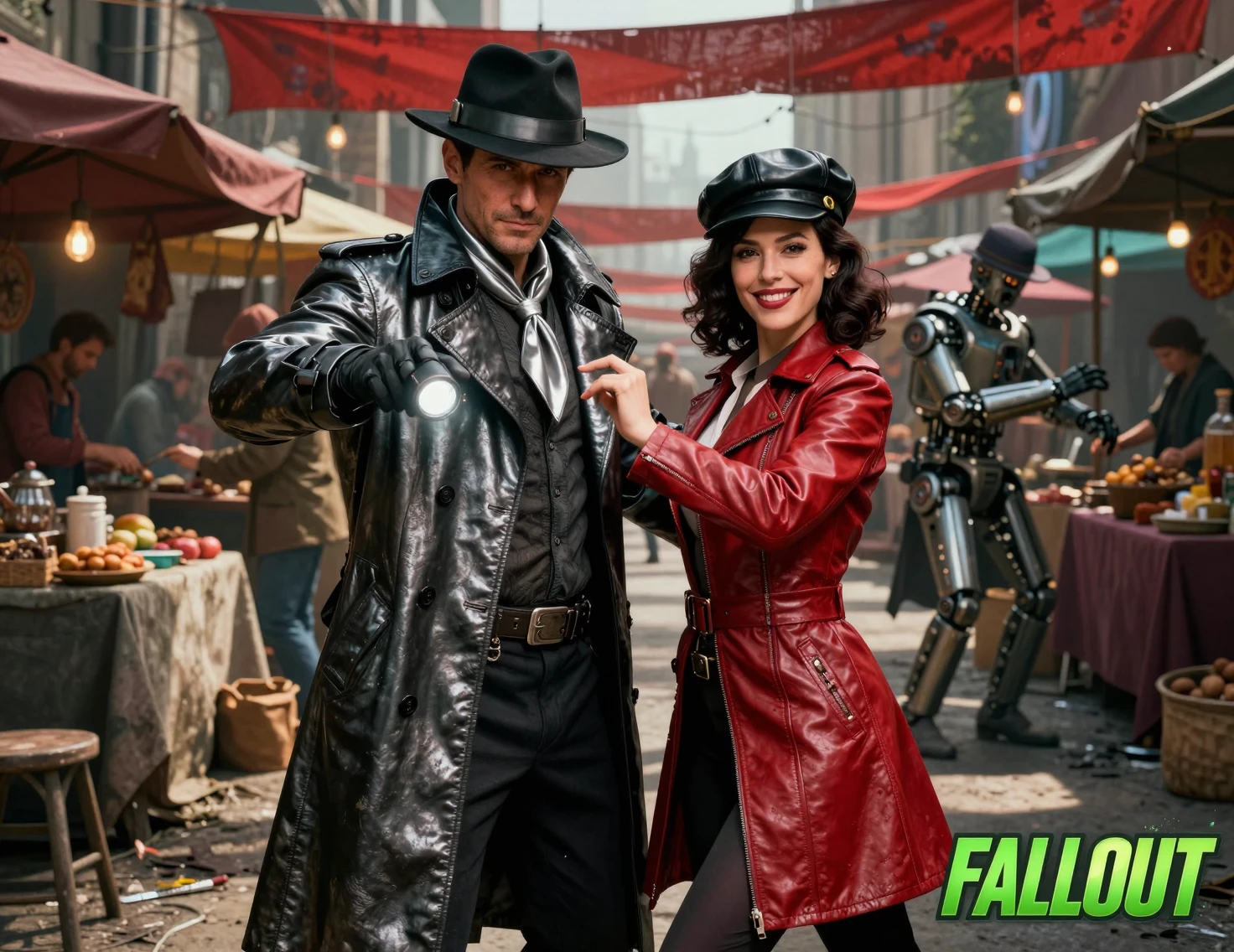 Sci fi detective and reporter dancing in a busy market