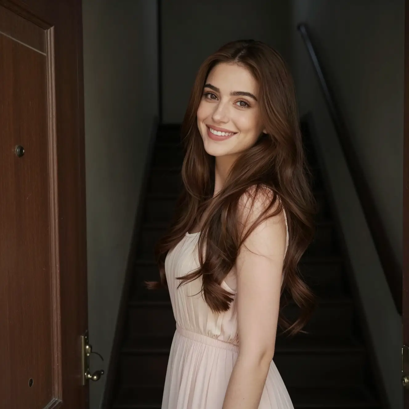 Smiling woman by her front door in a dark stairwell