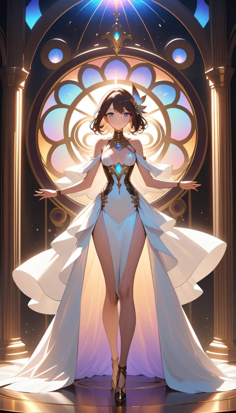 Maestosa eroina anime in un vortice steampunk luminoso