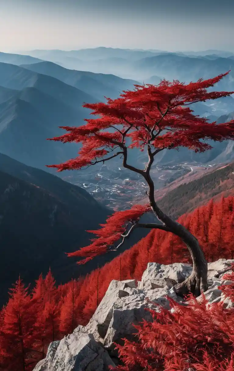 Tranquilla vista di montagna con vette lontane e alberi rossi