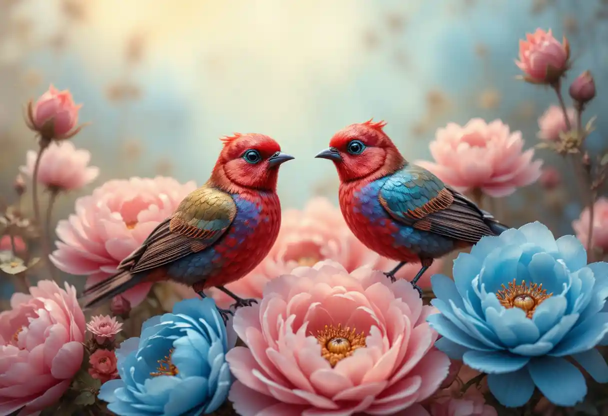 Aves iridiscentes entre peonías rojas y azules