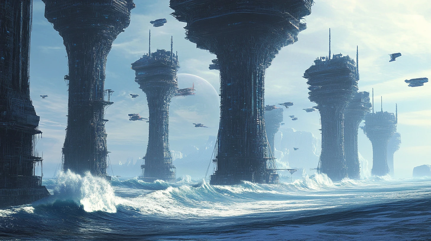 Ciudades oceánicas futuristas conectadas a través de un vasto planeta acuático