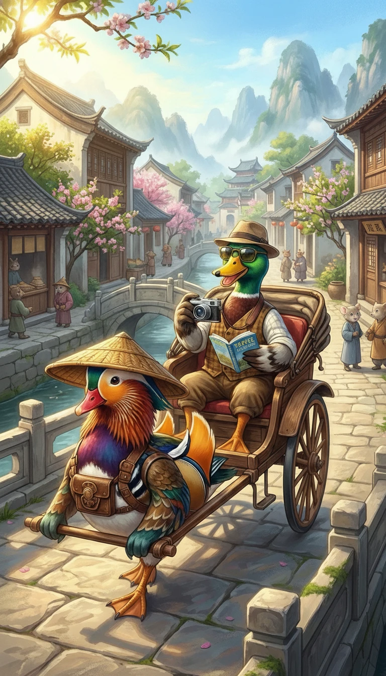 Anthropomorphic Ducks Riding A Rickshaw In A Sunny Village