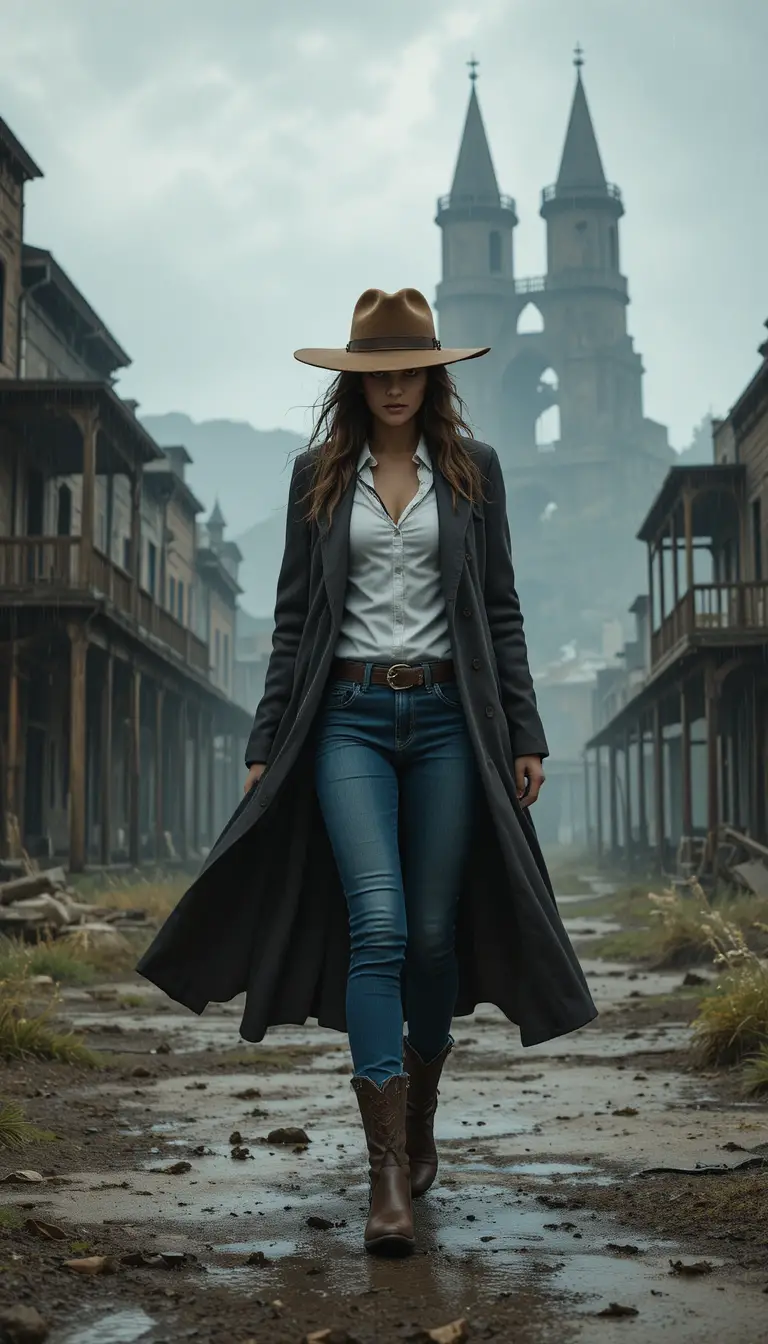 Lone cowgirl walking through a rainy abandoned western town