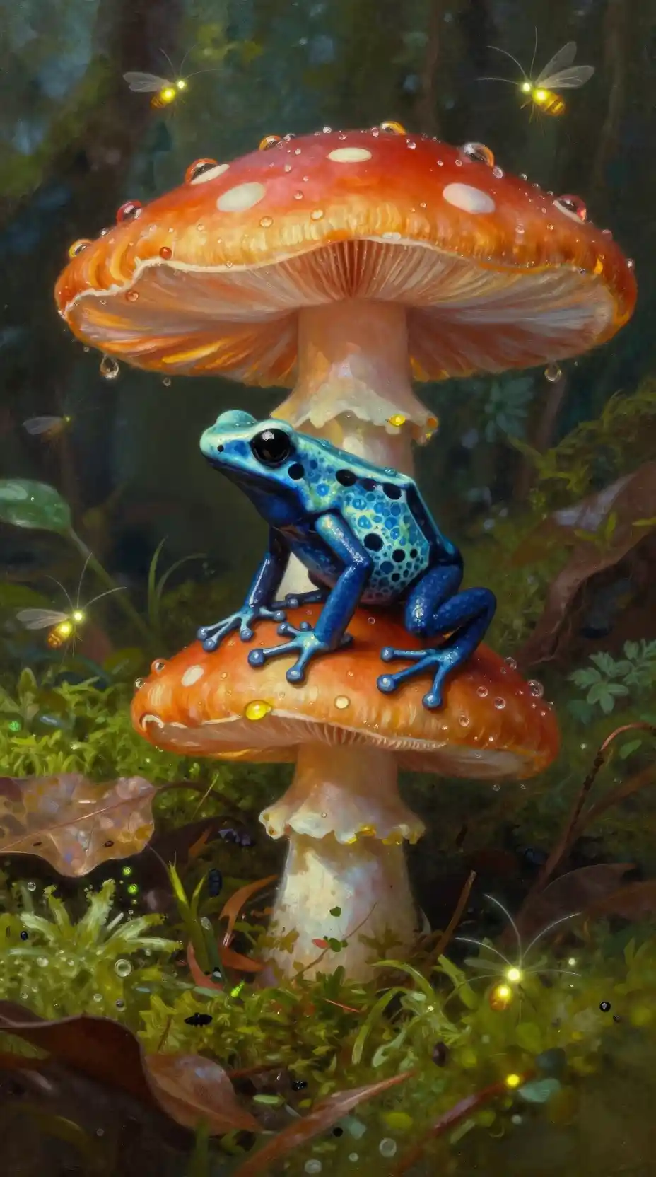 Poison dart frog on a glowing forest mushroom