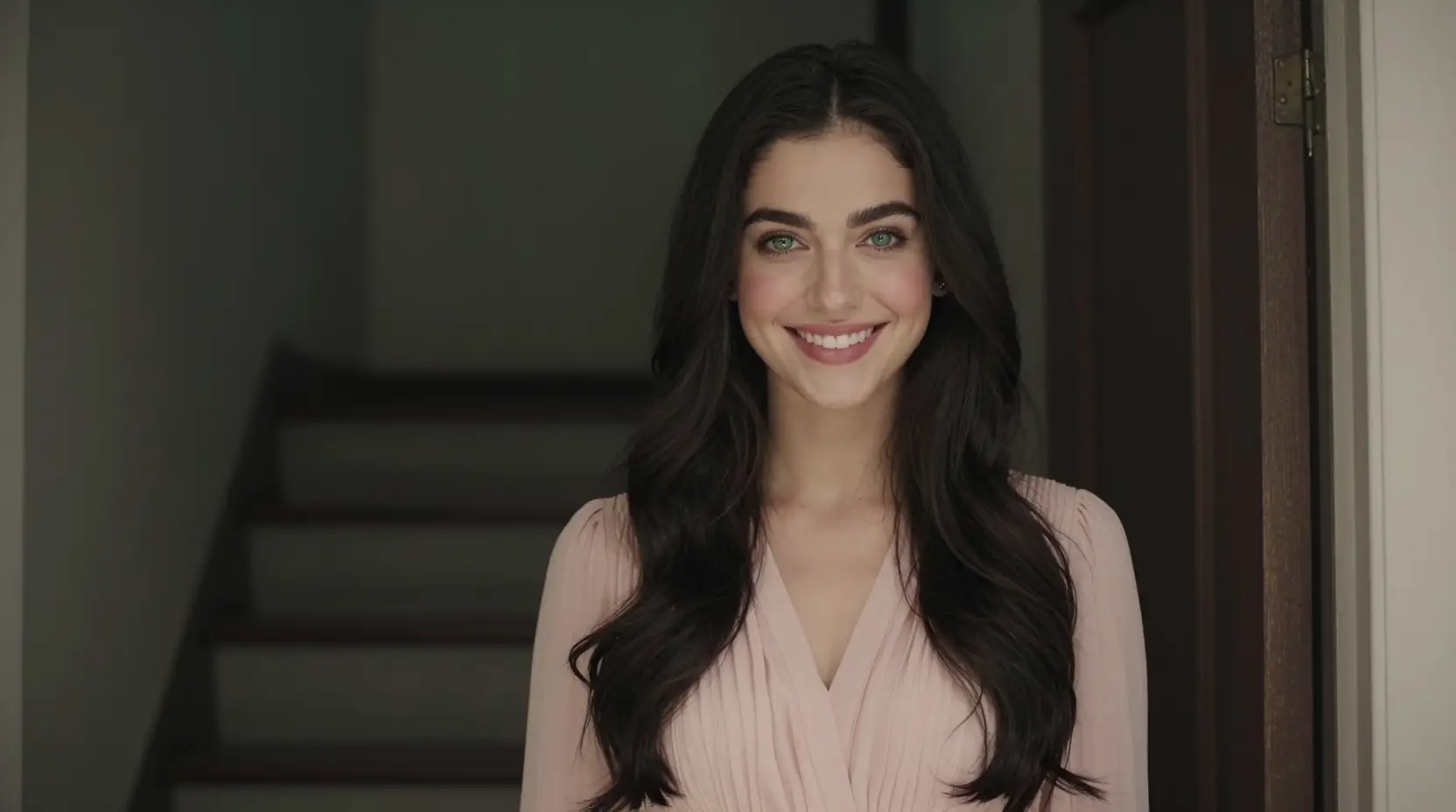 Smiling woman by her front door in a dark stairwell