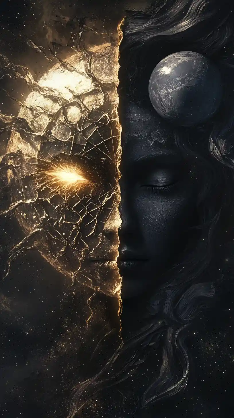 Dark celestial face merging sun and moon in cosmic sky
