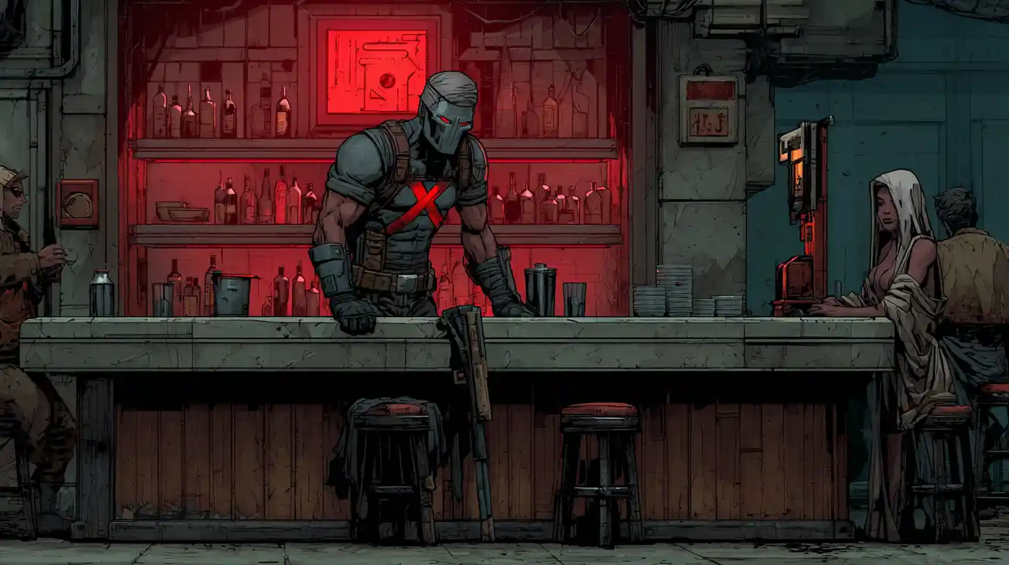 Gritty armed antihero interrogating bartender in dark bar