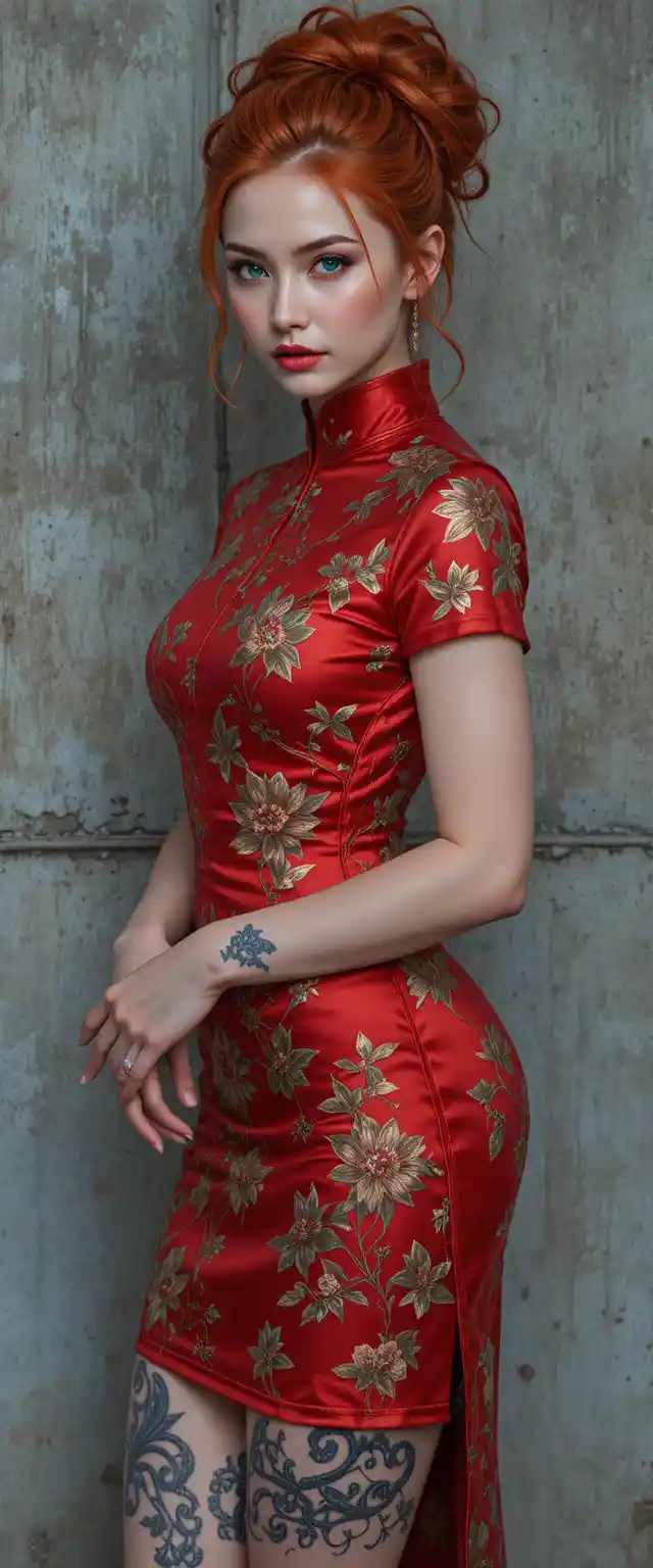 Red haired woman in floral cheongsam by concrete wall