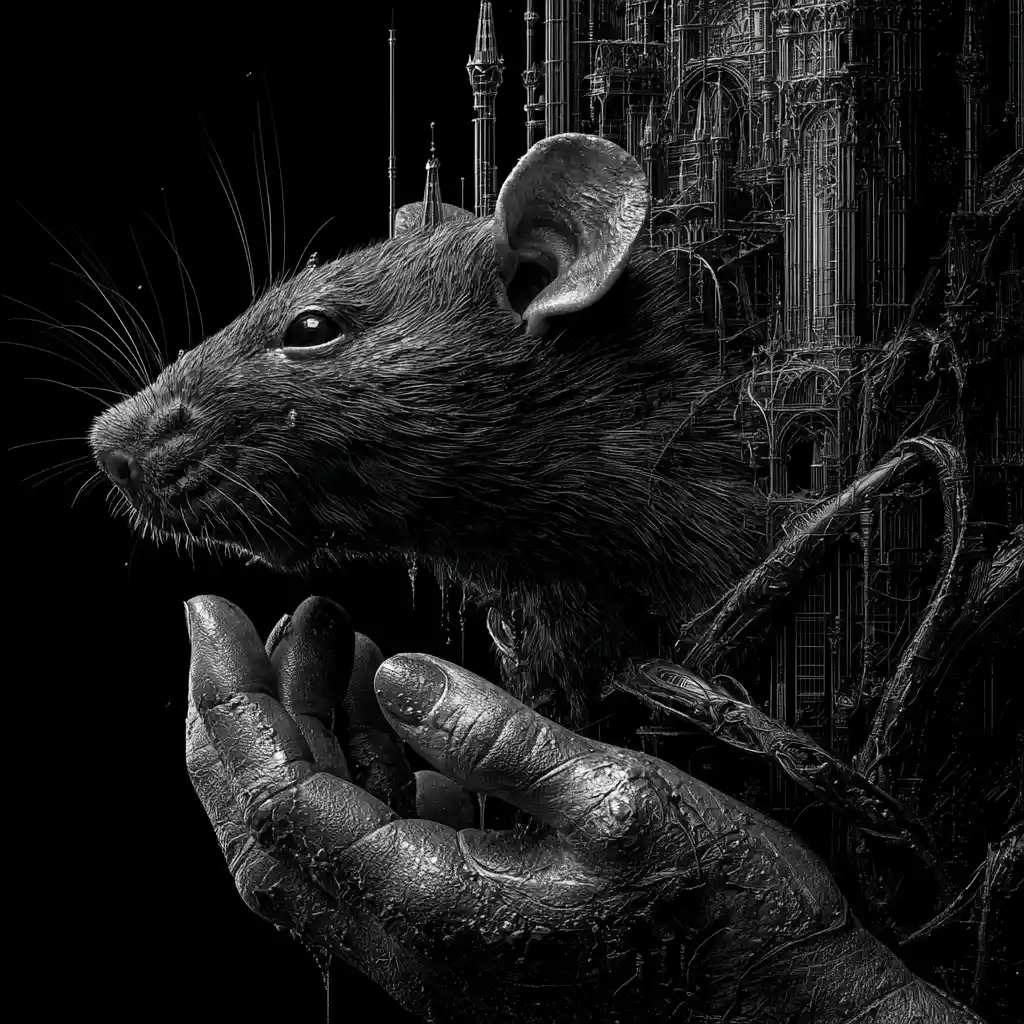 Criatura Híbrida de Rata Surreal entre Formas Arquitectónicas Góticas