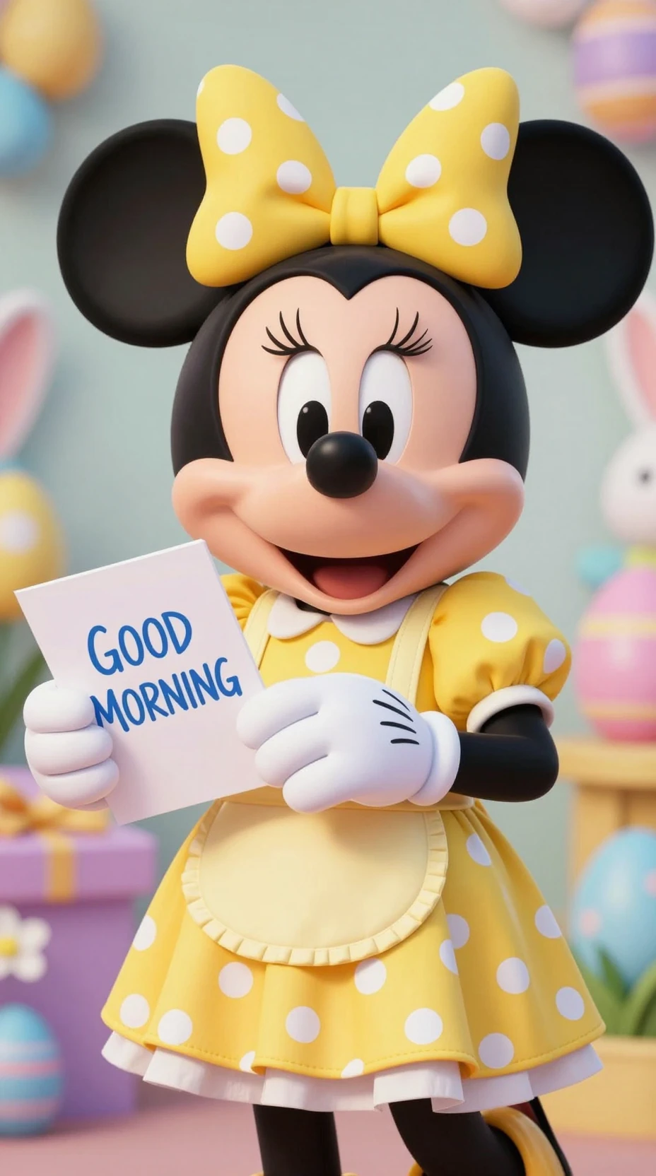 Cartoon mouse in yellow dress holding good morning card
