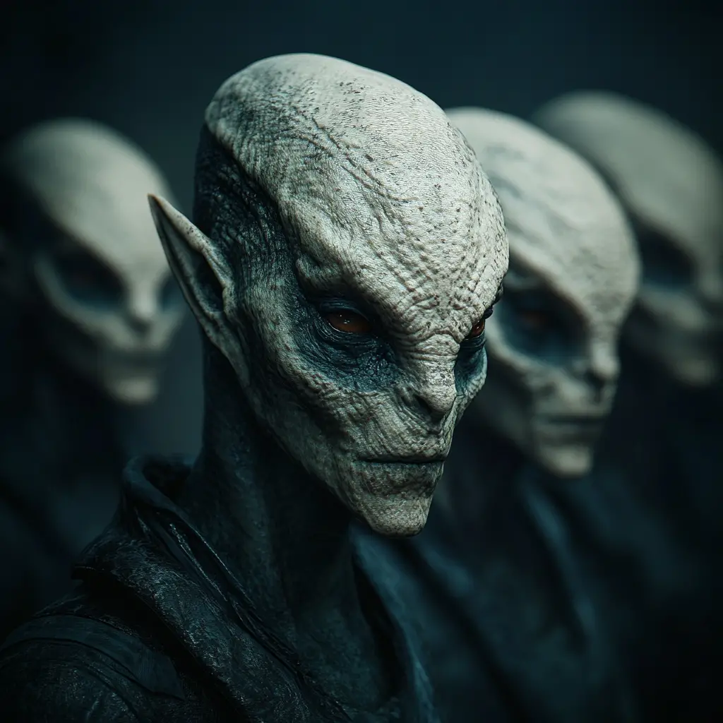 Alien humanoid in glossy black suit against blue background
