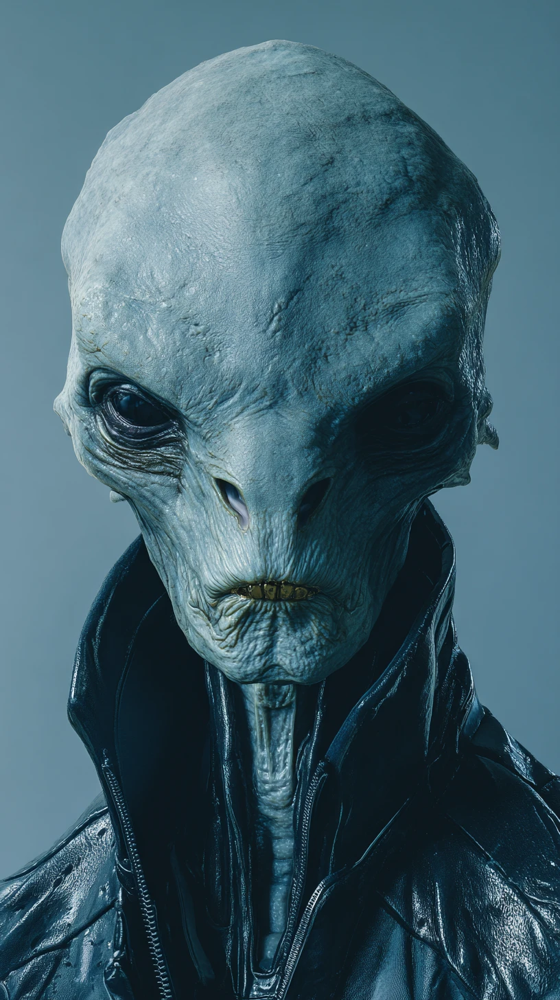 Menacing alien figure in glossy black suit portrait