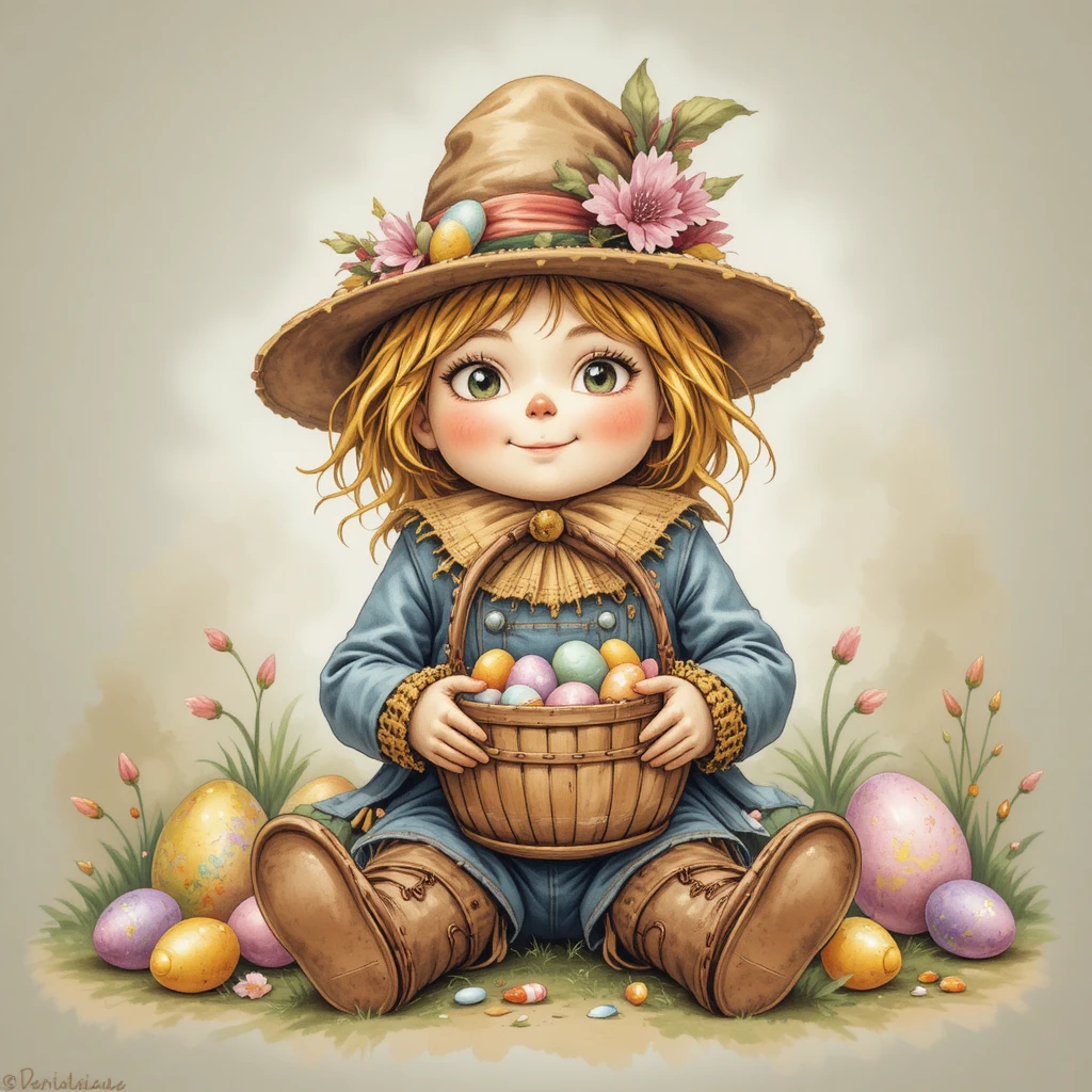 Spaventapasseri carino in abito di Pasqua con cestino di caramelle