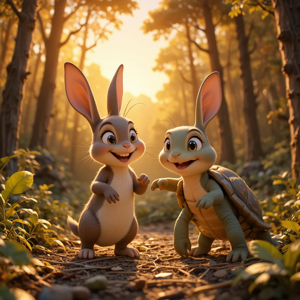 Rabbit And Turtle Sharing A Joyful Forest Sunset Moment