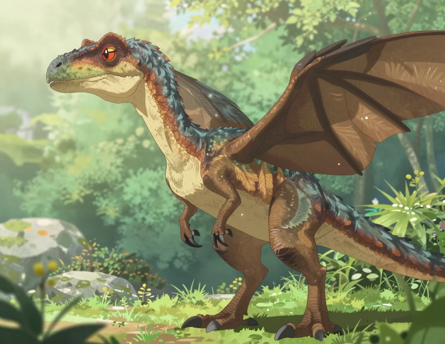 Serene feathered velociraptor portrait in soft anime style