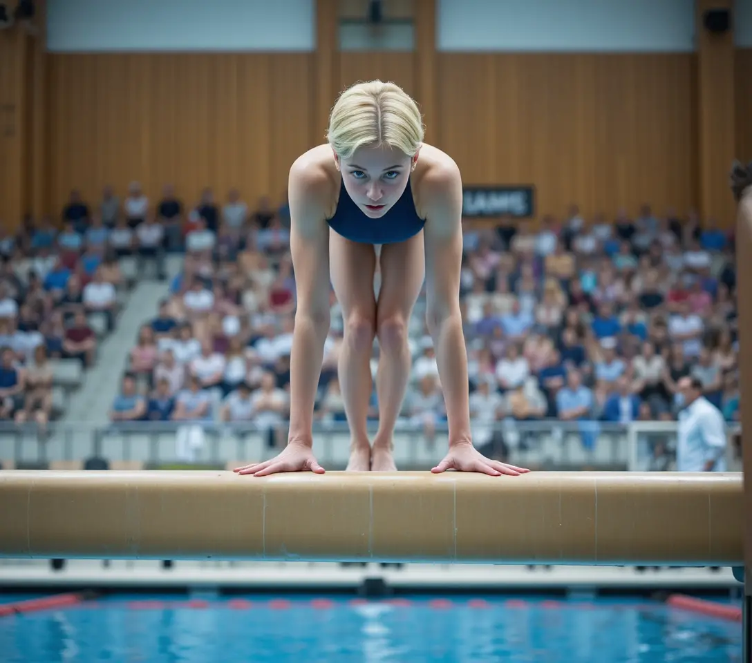 Young woman handstand on diving board above Olympic pool