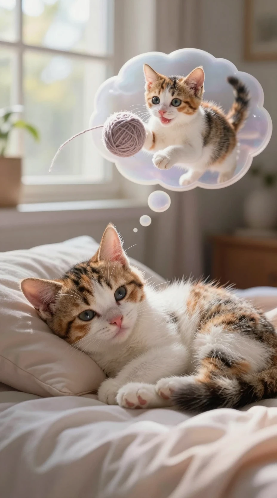 Gatito tricolor durmiendo plácidamente en una cama acogedora