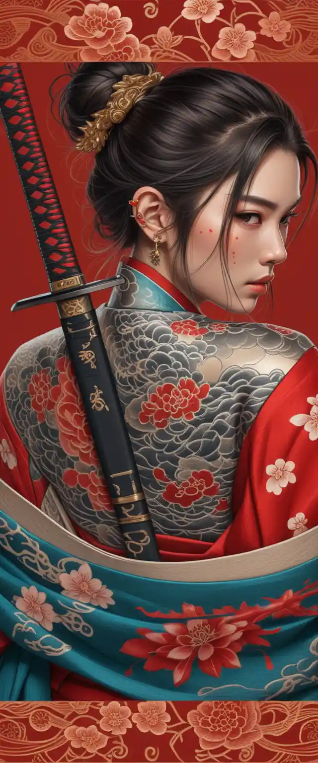 Tattooed woman in kimono with katana on red background