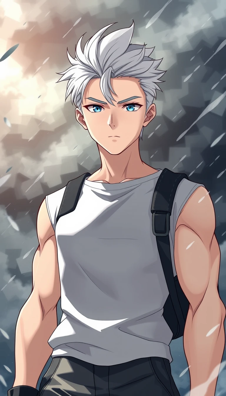 Homem de anime de cabelos brancos em cena externa tempestuosa