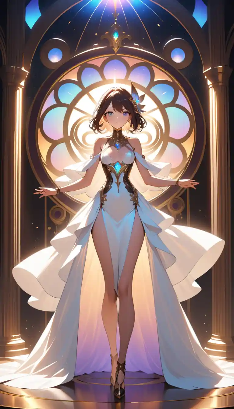 Maestosa eroina anime in un vortice steampunk luminoso