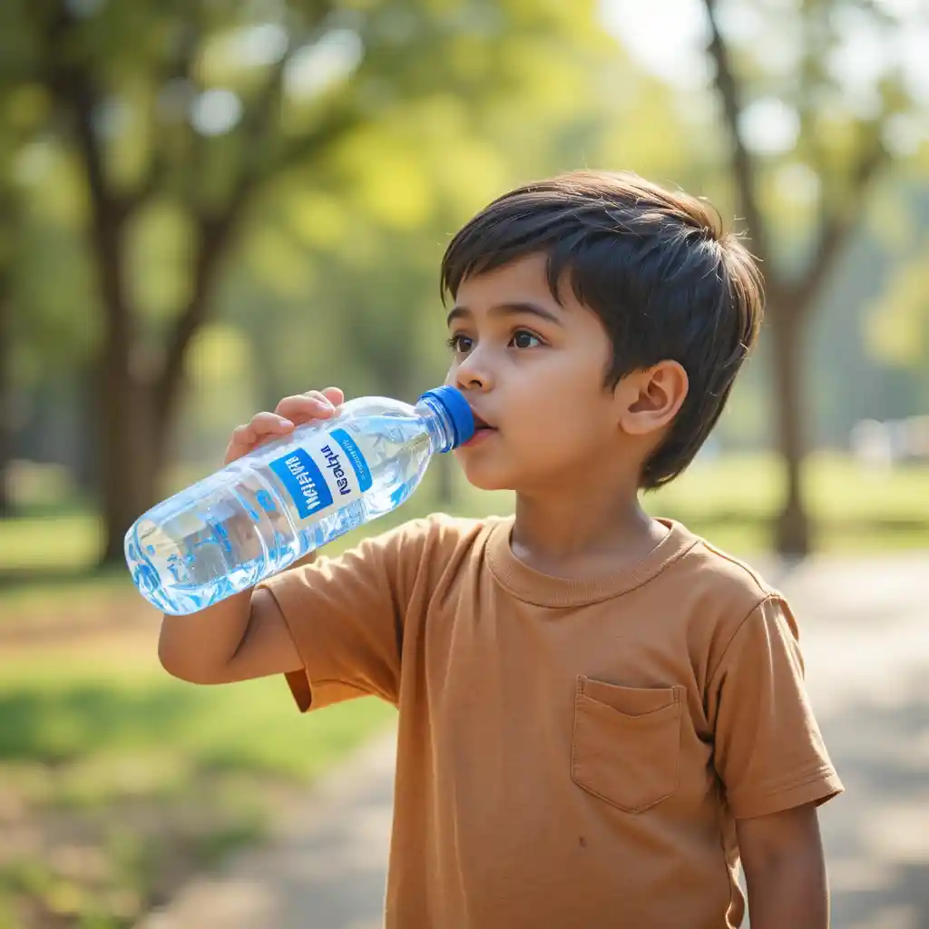 Young Indian boy drinking water in sunny park