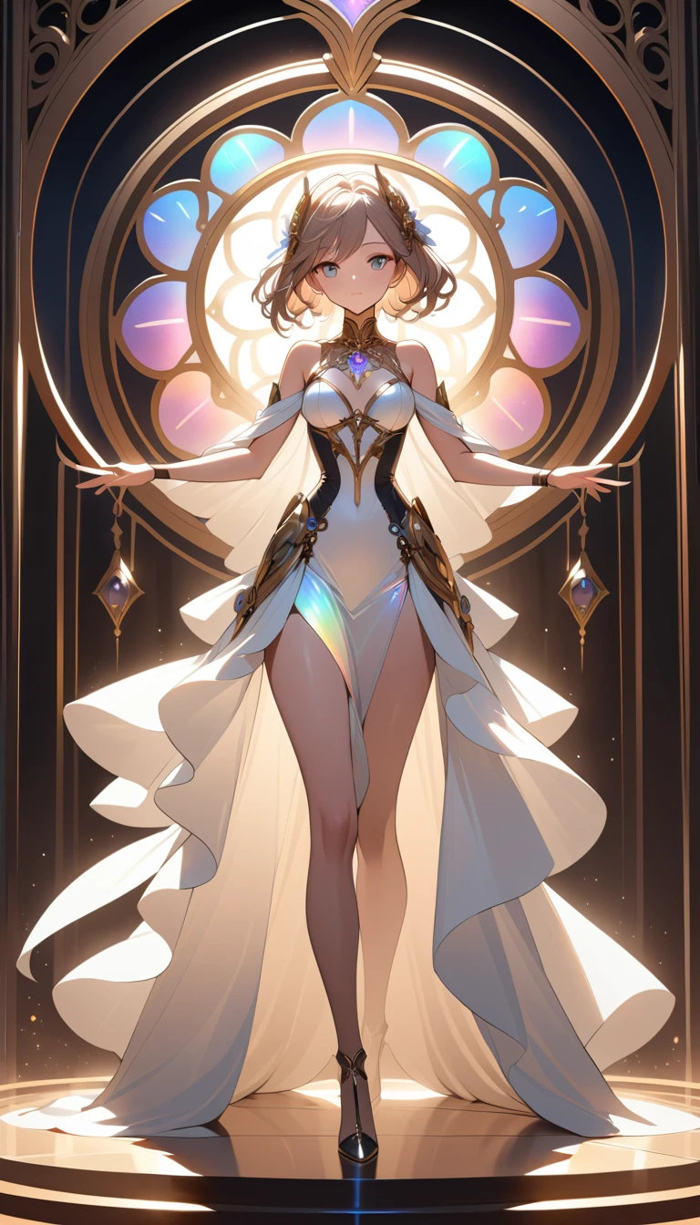 Maestosa eroina anime in un vortice steampunk luminoso