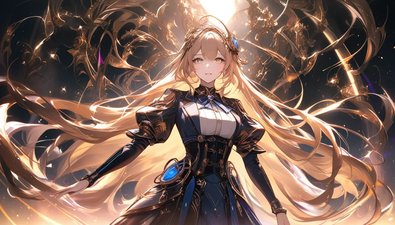 Eroina anime maestosa in un vortice steampunk luminoso