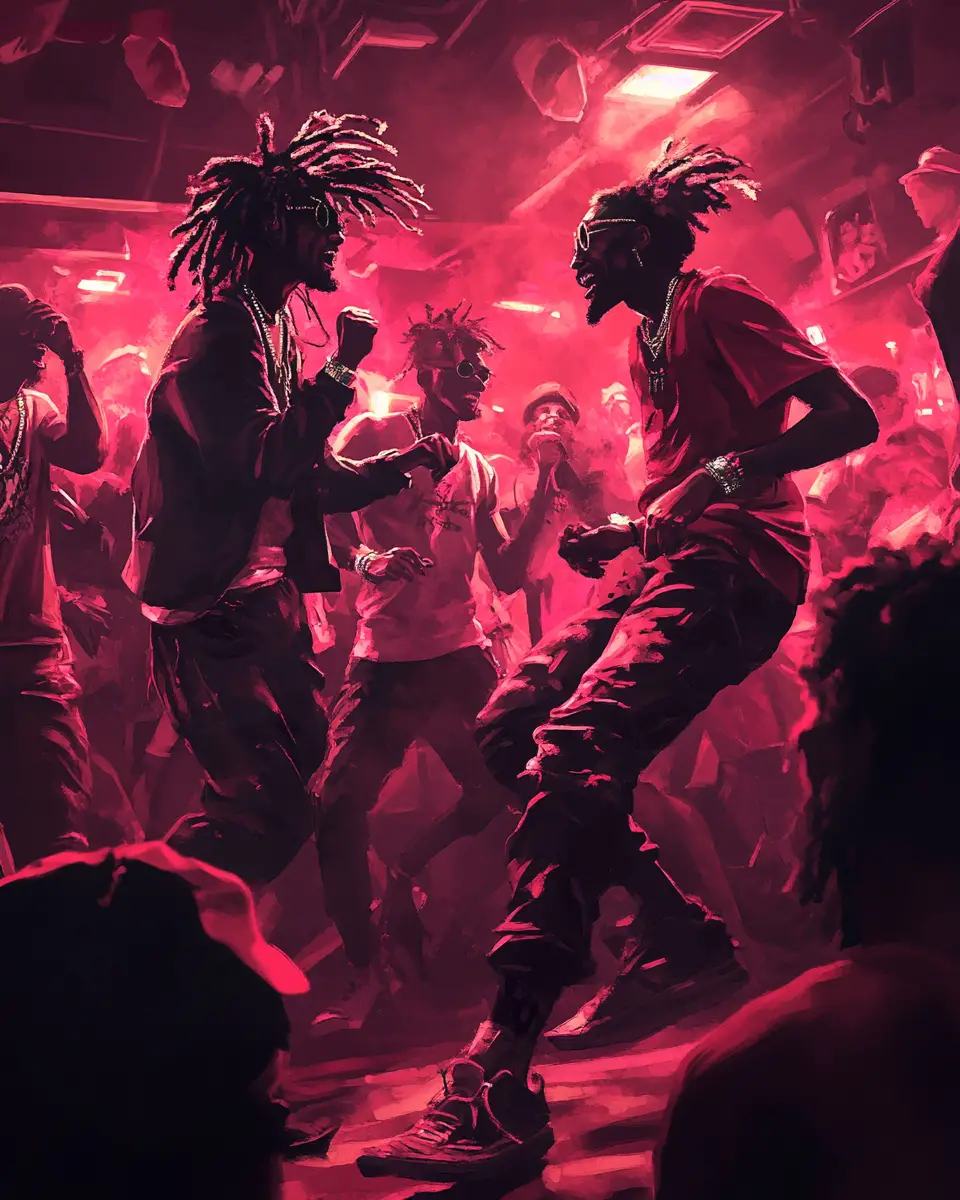 Anime rappers dancing wildly under dark crimson club lights