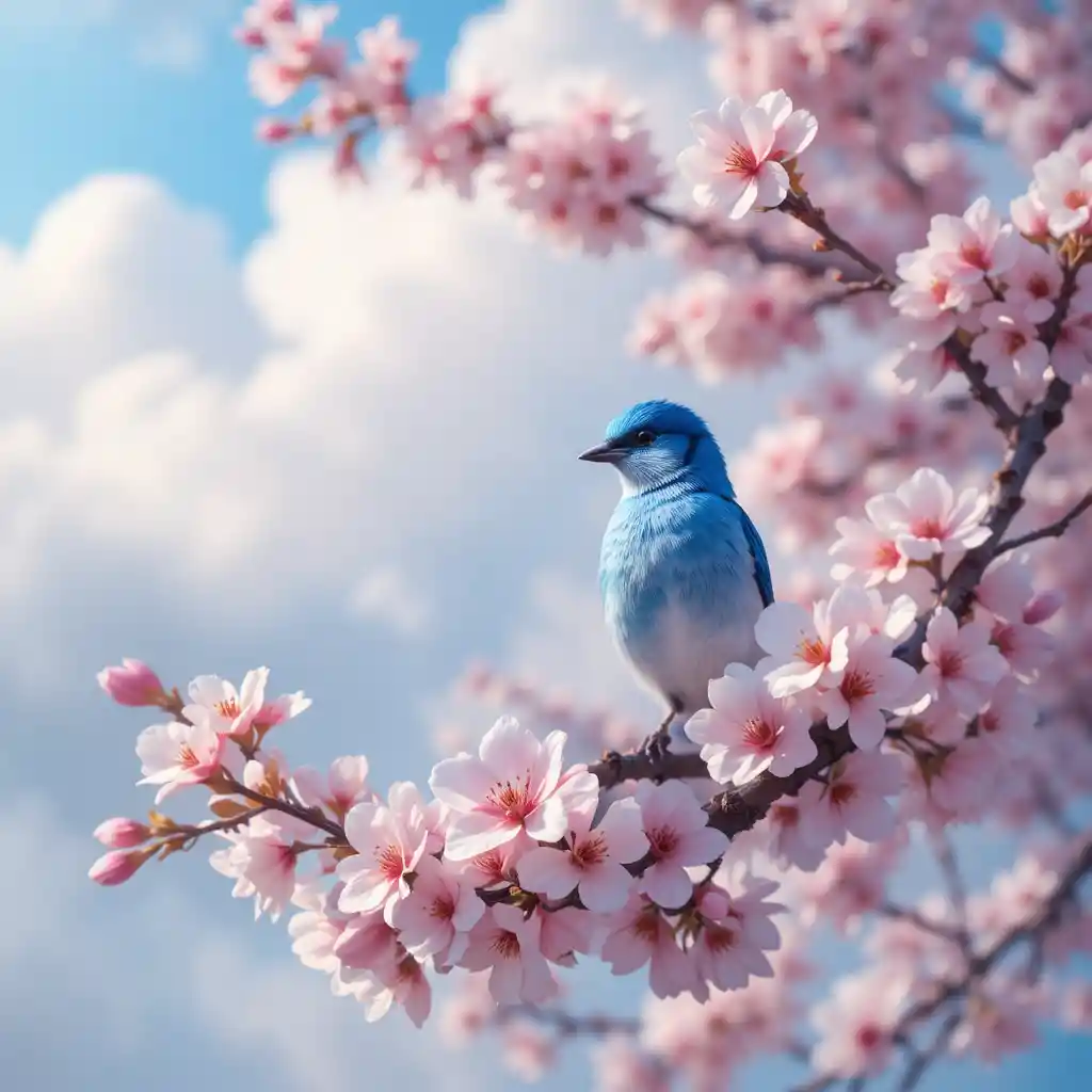 Pássaro azul em flores de cerejeira sob um suave céu de primavera