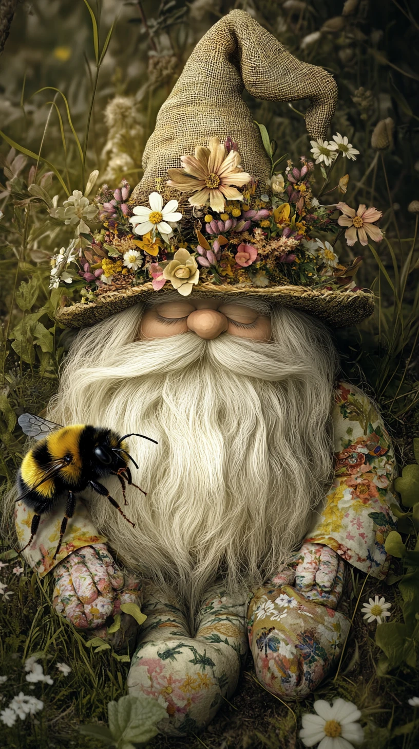 Whimsical garden gnome resting in grass with bumblebee