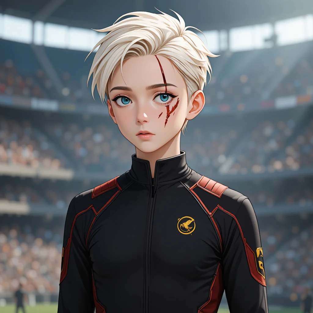 Chico de anime herido con ojos azul pálido y uniforme negro