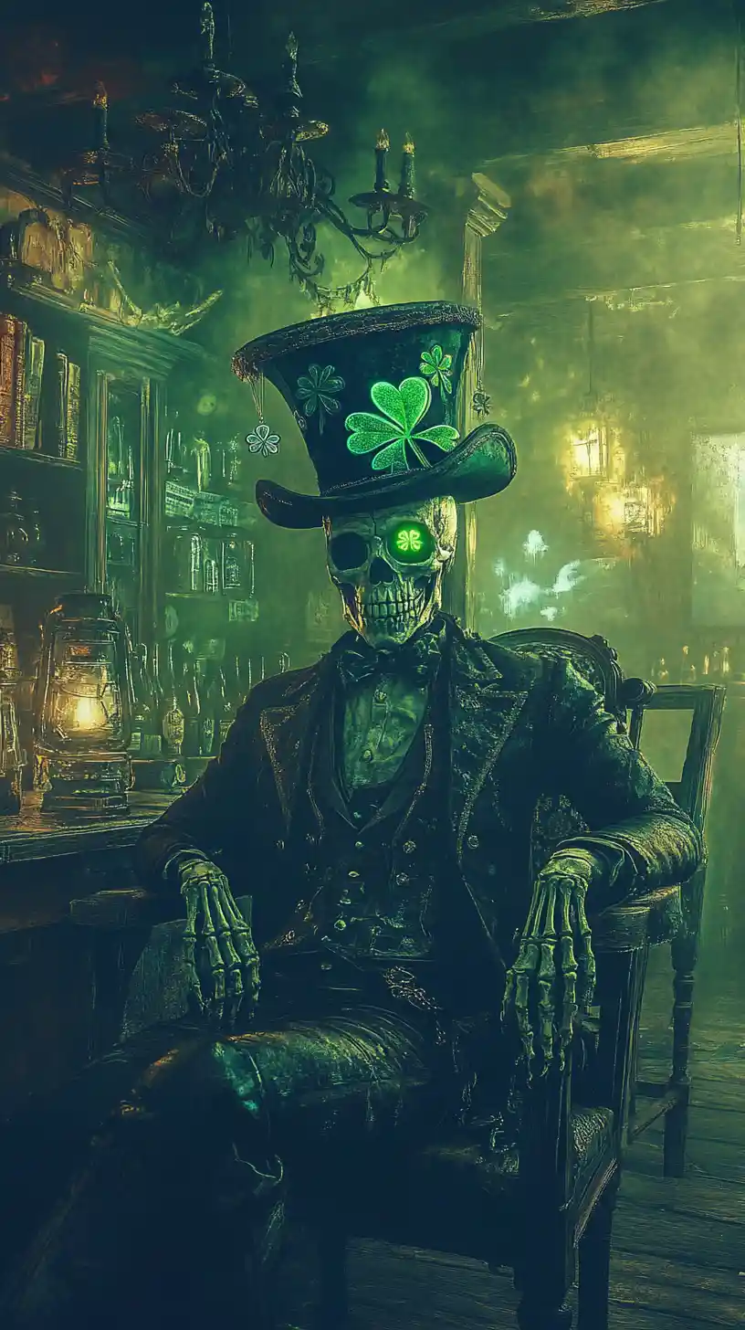 Skeleton In Shamrock Hat In A Ghostly Irish Pub Scene