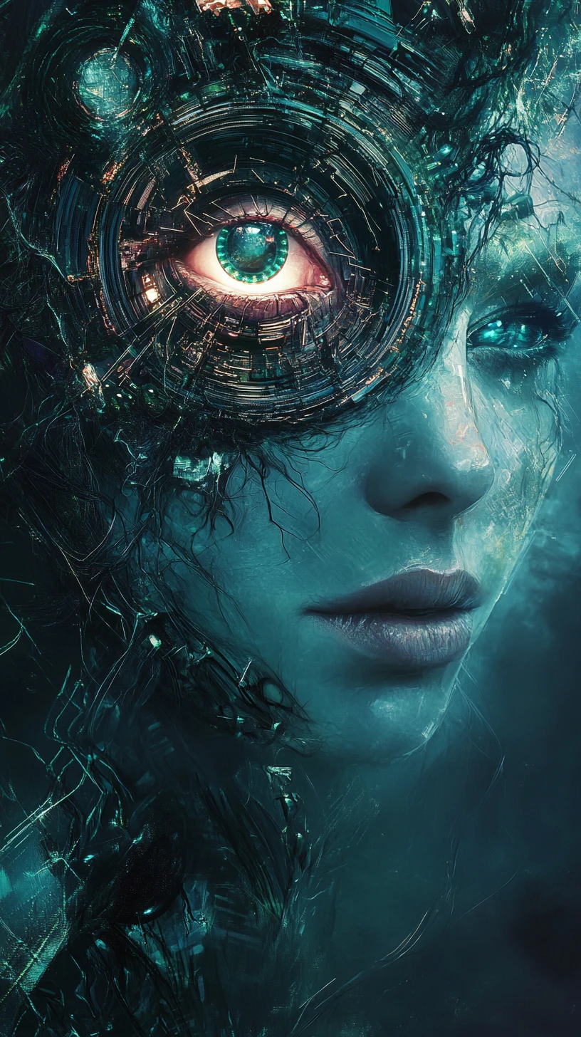 Ethereal cybernetic woman with glowing third eye halo