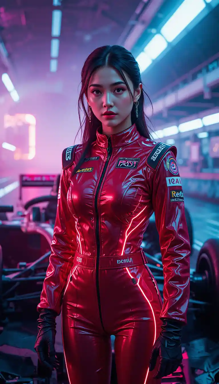 Pilota automobilistica accanto ad auto al neon su pista futuristica