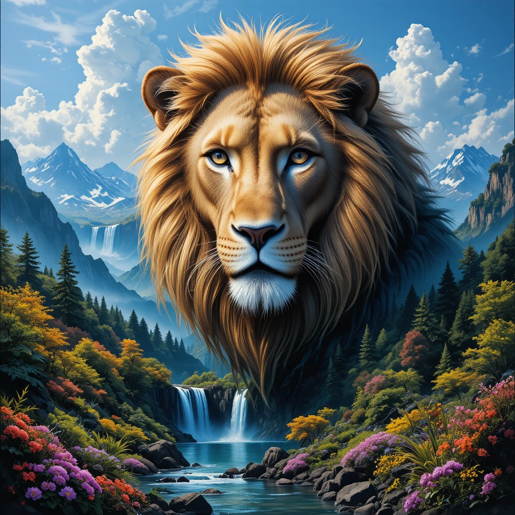 Retrato de León Majestuoso Sobre Paisaje de Montaña Veraniega