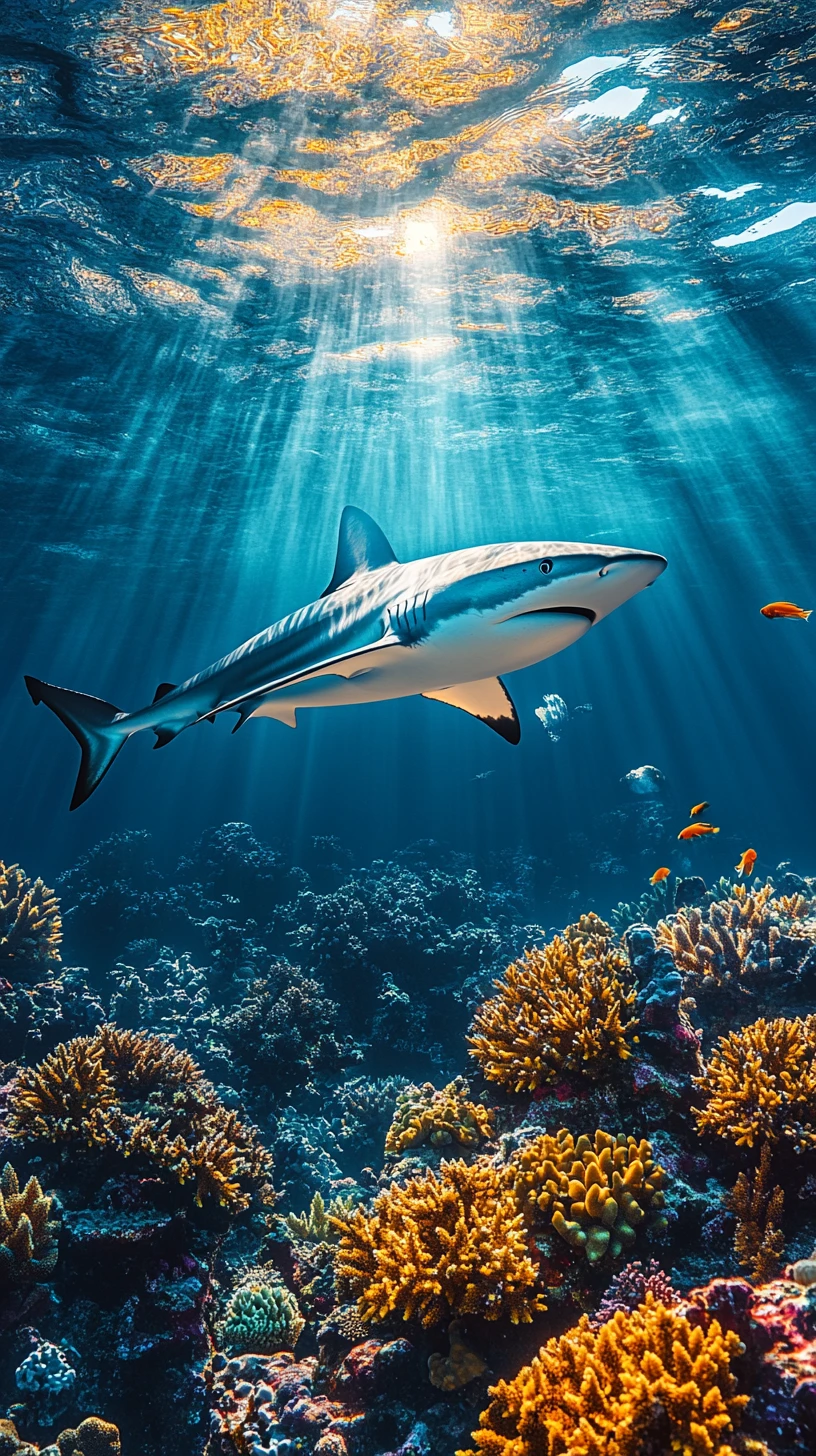 Tiburón de arrecife deslizándose sobre una pared de arrecife de coral bañada por el sol