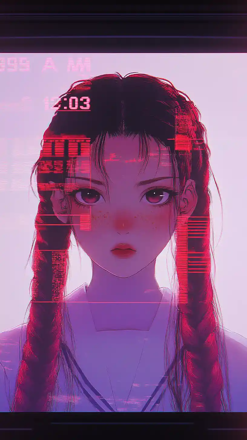 Garota de anime com tranças carmesim em retrato nostálgico estilo VHS