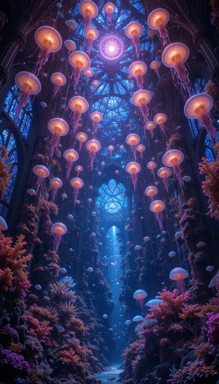 Underwater cathedral of luminous jellyfish and coral windows