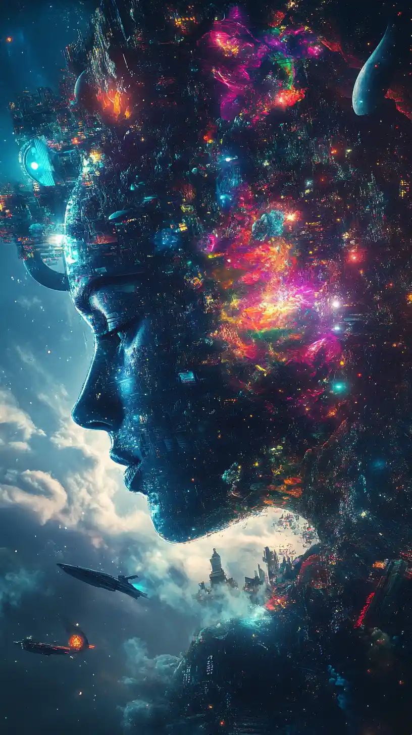 Surreal cyberpunk princess in a dark celestial fantasy world