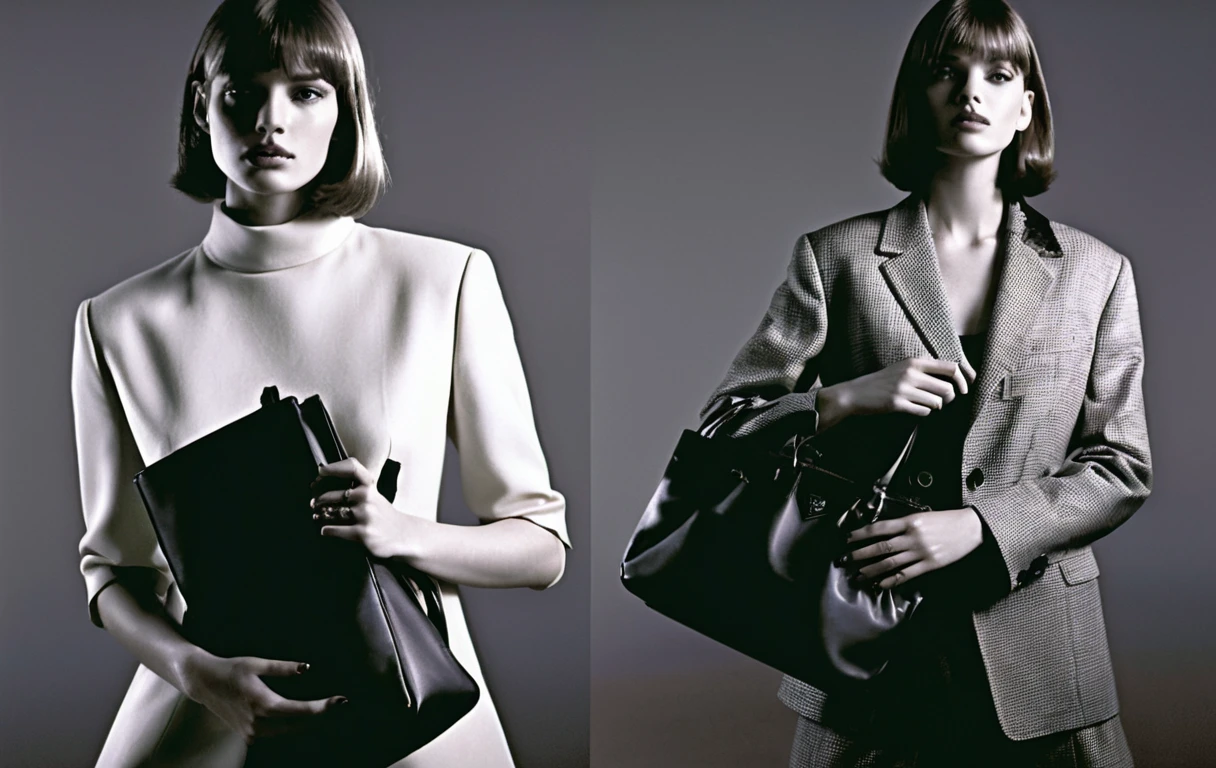 Female models posing with handbags in minimalist studio