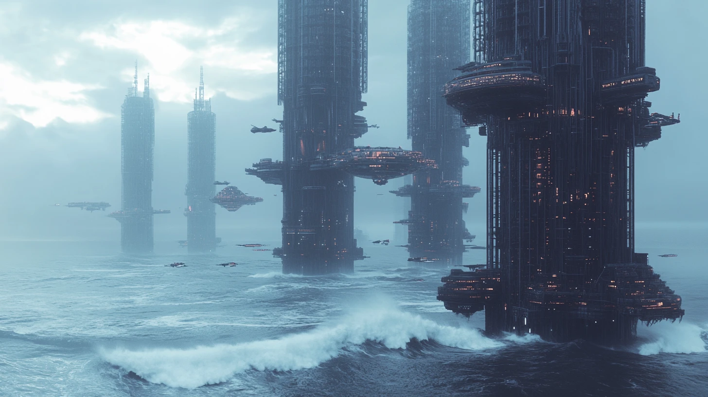 Vast futuristic ocean cities rising above a stormy water world