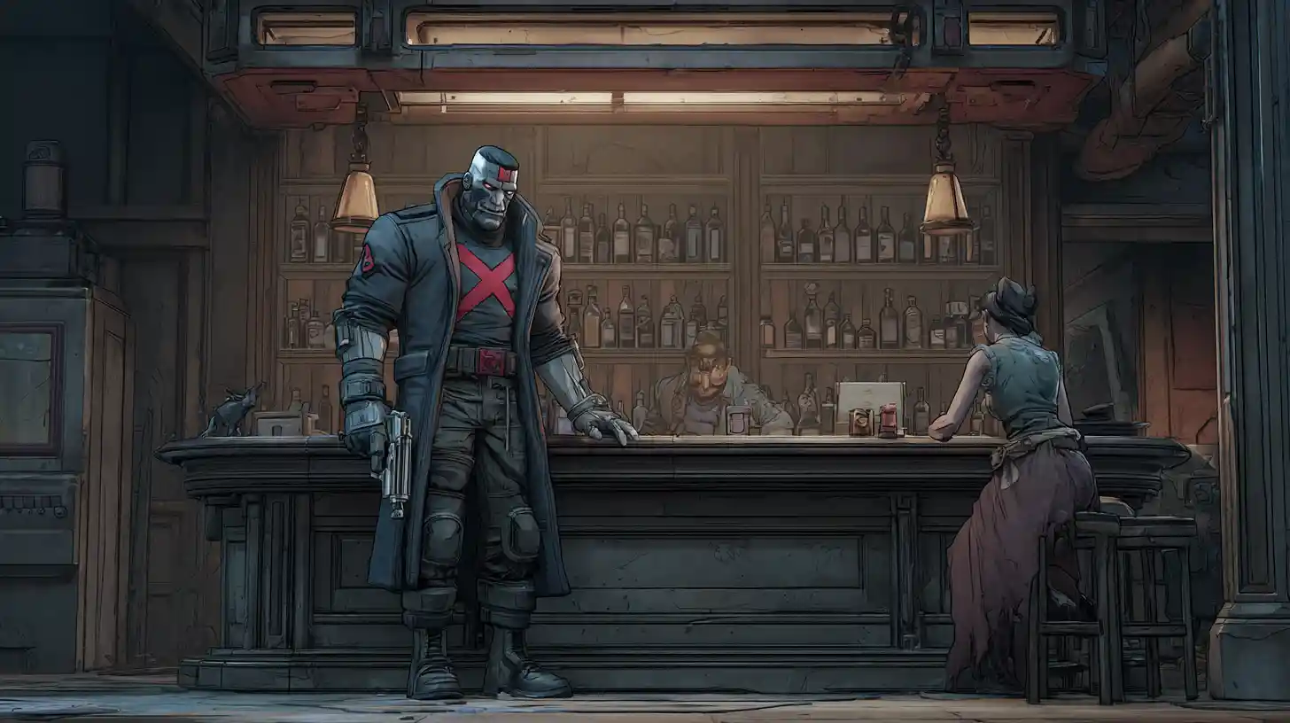 Grim Gun Toting Antihero Grabbing Bartender In Dark Bar