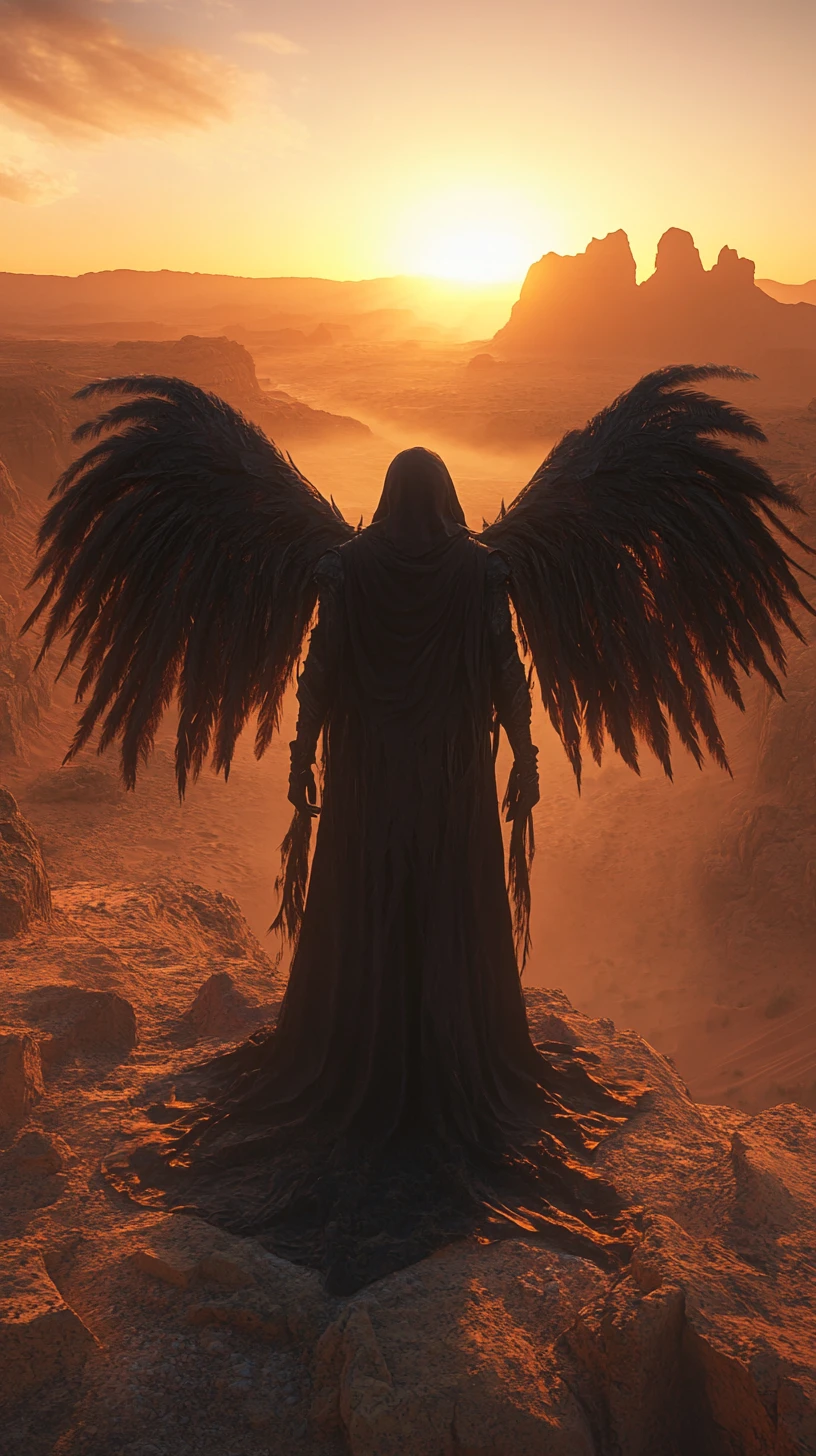 Monumental hooded angel on rocky dunes at sunset