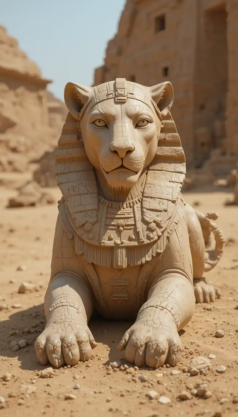 Statua di leone color sable distesa nelle sabbie del deserto egiziano